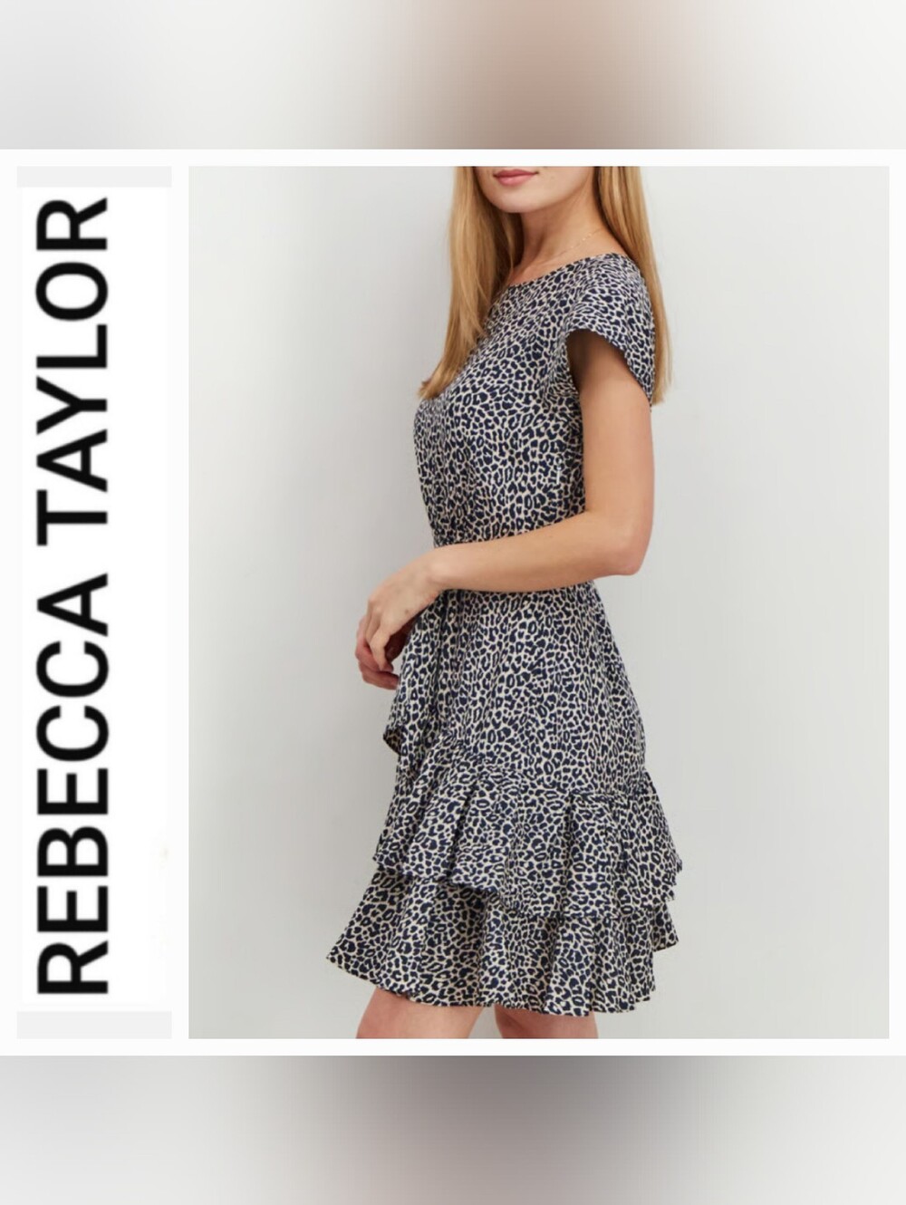 Rebecca Taylor Teired Mini Dress Tan/Navy Blue Animal Print Sz 8